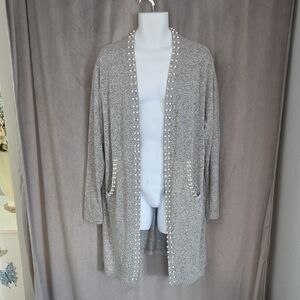 Chic Women's 2x Gray Cardigan with Pearl Details